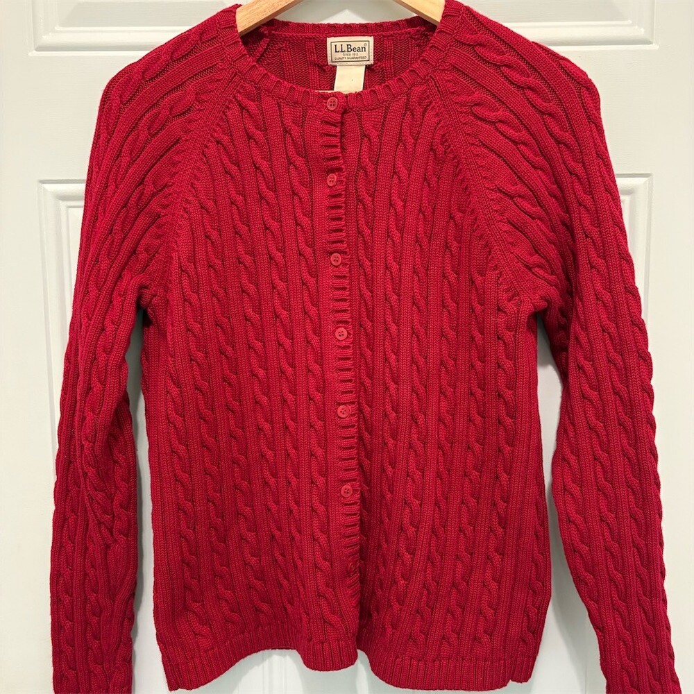 L.L.Bean Cardigan Sweater Womens Size L Red Cable Knit Button Front Long